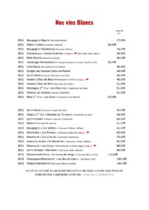Carte des vins - vins blancs (année 2024)