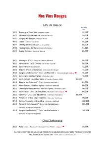 Carte des vins - vins rouges (année 2024)