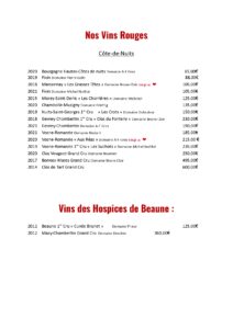 Carte des vins - vins rouges et hospices (année 2024)
