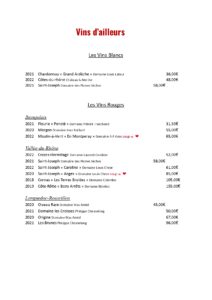 Carte des vins - vins d'ailleurs (année 2024)